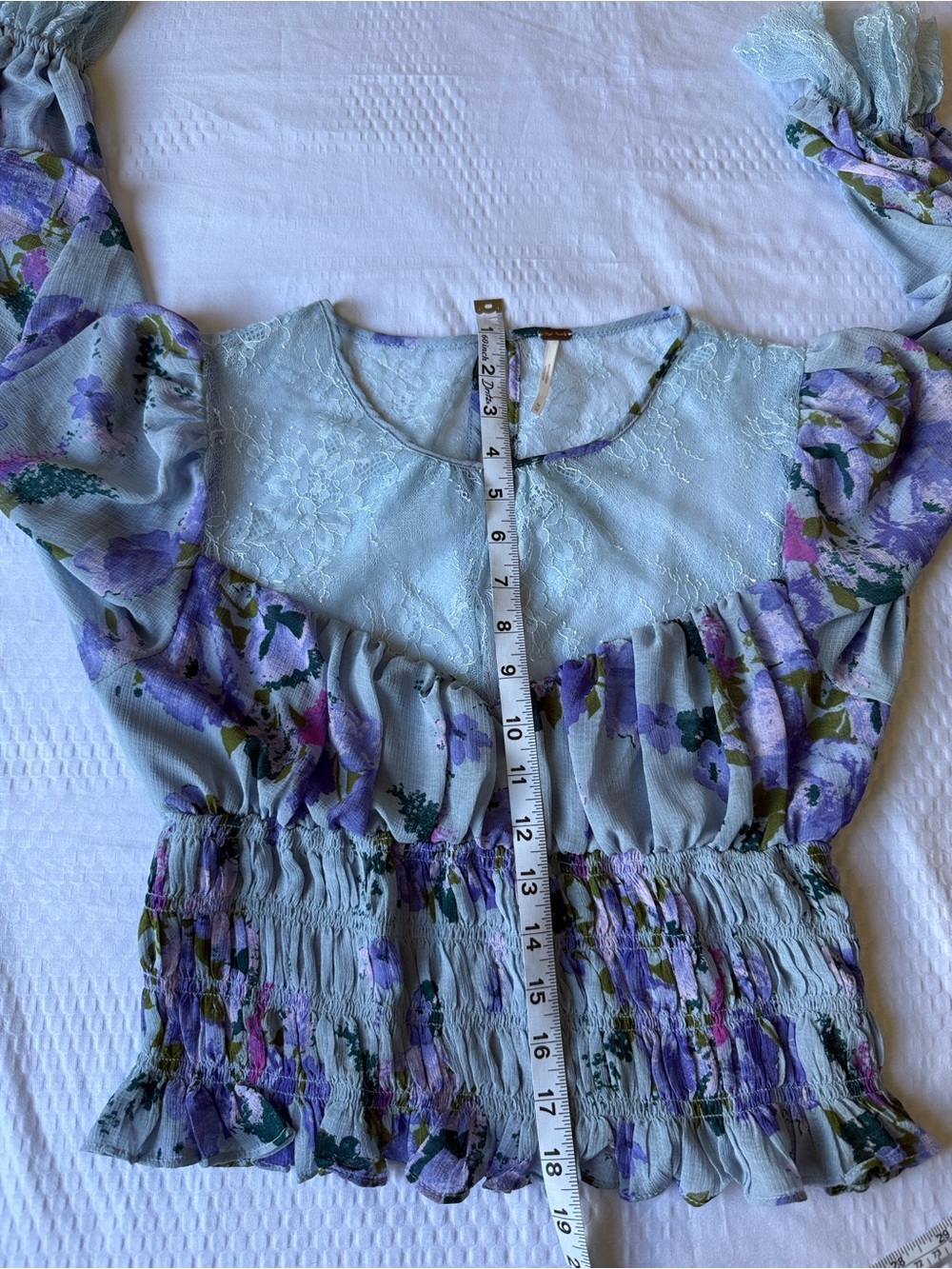 Free People Sheer Lace-Yoke Smocked Floral Blouse in Light Blue - Picture 8 of 11